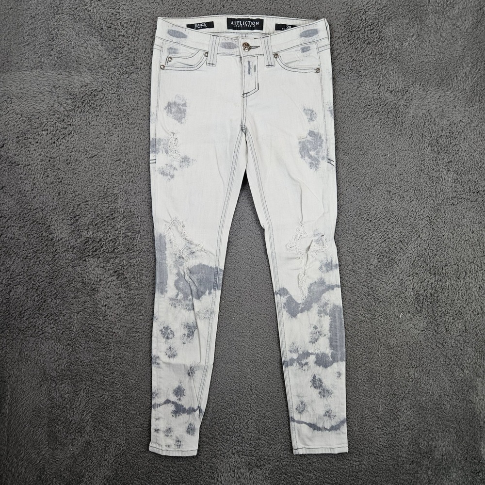 Affliction Black Premium Bianca Skinny Jeans White‎ Gray Tie Dye Distressed 26
